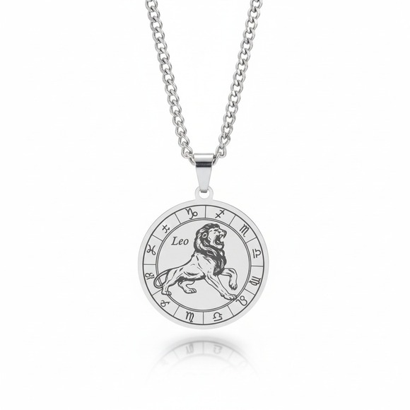 Leo Zodiac Sign Lion Astrology Necklace Stainless Steel Pendant Chain - Picture 2 of 2